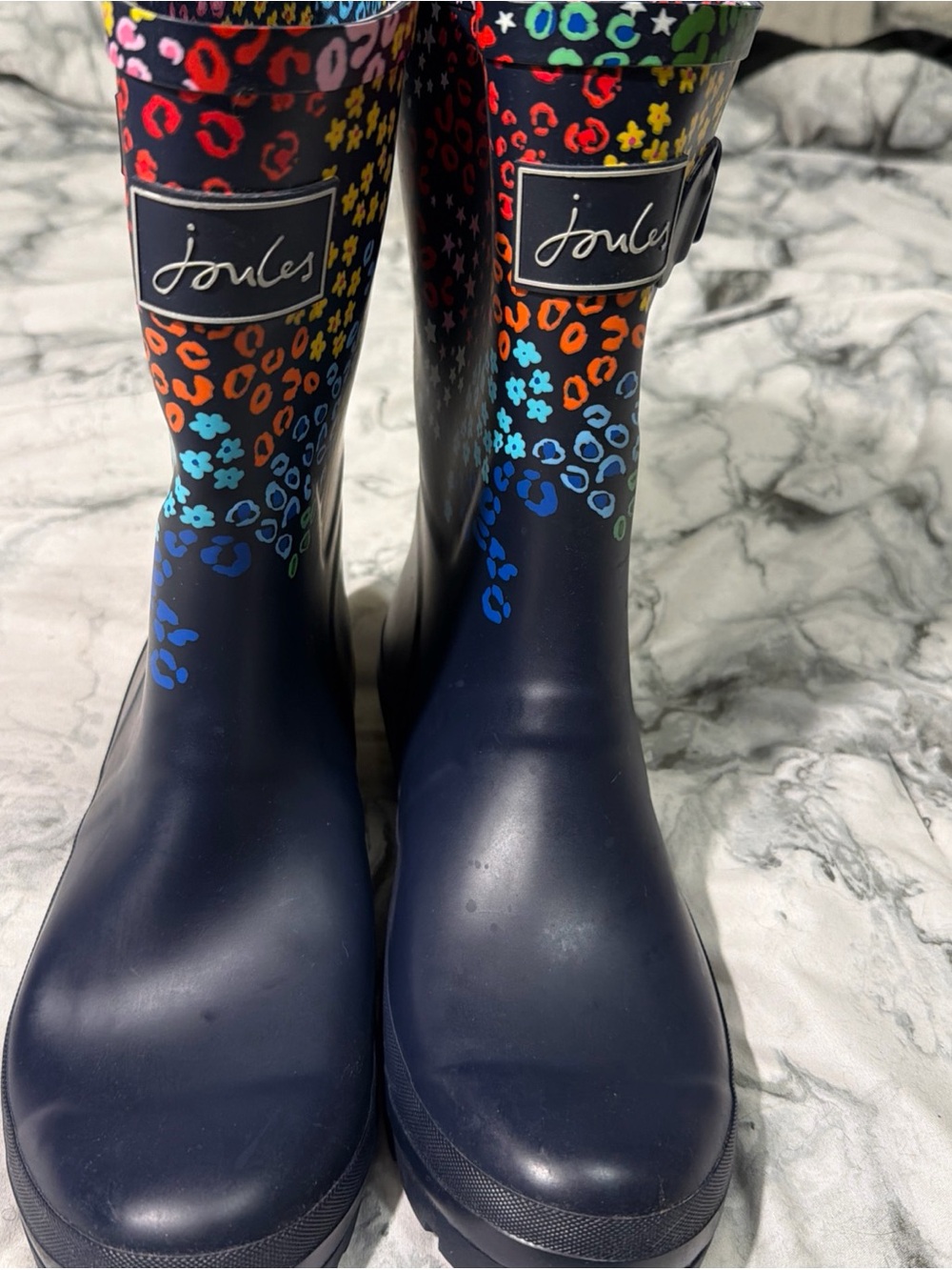 Joules Navy Rain Boots with Rainbow Leopard & Floral Accents